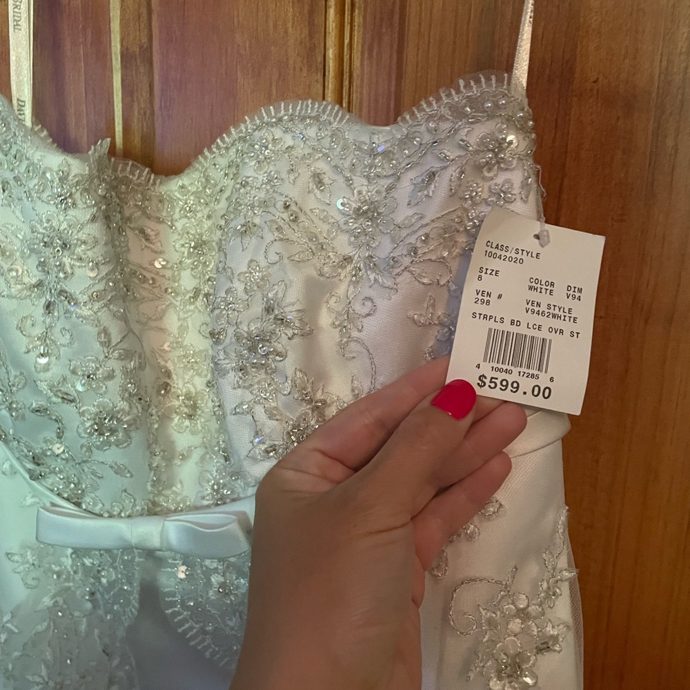 David's Bridal White Embellished Bustier Wedding Gown